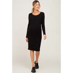 Black Brushed Knit Long Sleeve Maternity Wrap Nursing Dress