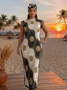 Women's Elegant Chain Design & Floral Pattern Set, Faux Silk Geometric Printed Slim Fit Long Sleeveless Dress Robe Shawl + Scarf, Beach Sun Protection Satin Wrap