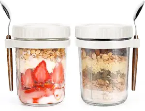 Overnight Oats Jars with Spoon and Lid 16 oz [2 Pack], Airtight Oatmeal Container with Measurement Marks, Mason Jars with Lid for Cereal On The Go Container (2pcs white)