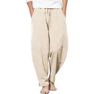 COOFANDY Men's Cotton Linen Harem Pants Casual Loose Hippie Yoga Beach Pants with pockets Menswear Baggy Elastic Fabric Patchwork Soft Stretchy Stylish Stretchy Stylish Trouser Wide Leg Beige Plain
