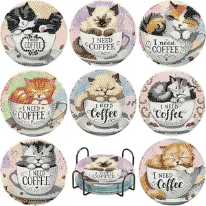 8-Piece Diamond Art Coaster Set with Stand, DIY Cat Pattern Series, Suitable for Adults and Beginners, Perfect Gift for Friends