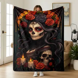 Dia de los Muertos Flannel Blanket Sugar Skull Floral Print Ultra Soft Lightweight Warm AntiPilling Perfect for Halloween Living Room Bedroom Thanksgiving Day of The Dead Decor Altar Couch