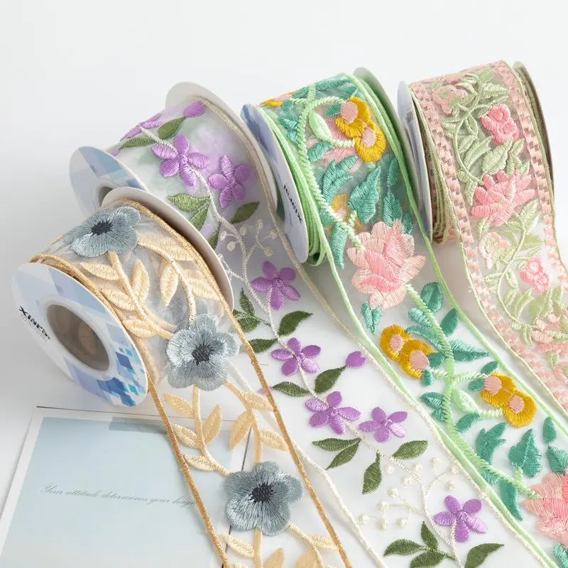 Floral Pattern Embroidery Ribbon, 2 Rolls Vintage Ethnic Style Embroidery Ribbon, DIY Handmade Gift Accessories for Scrapbooking, Crafts
