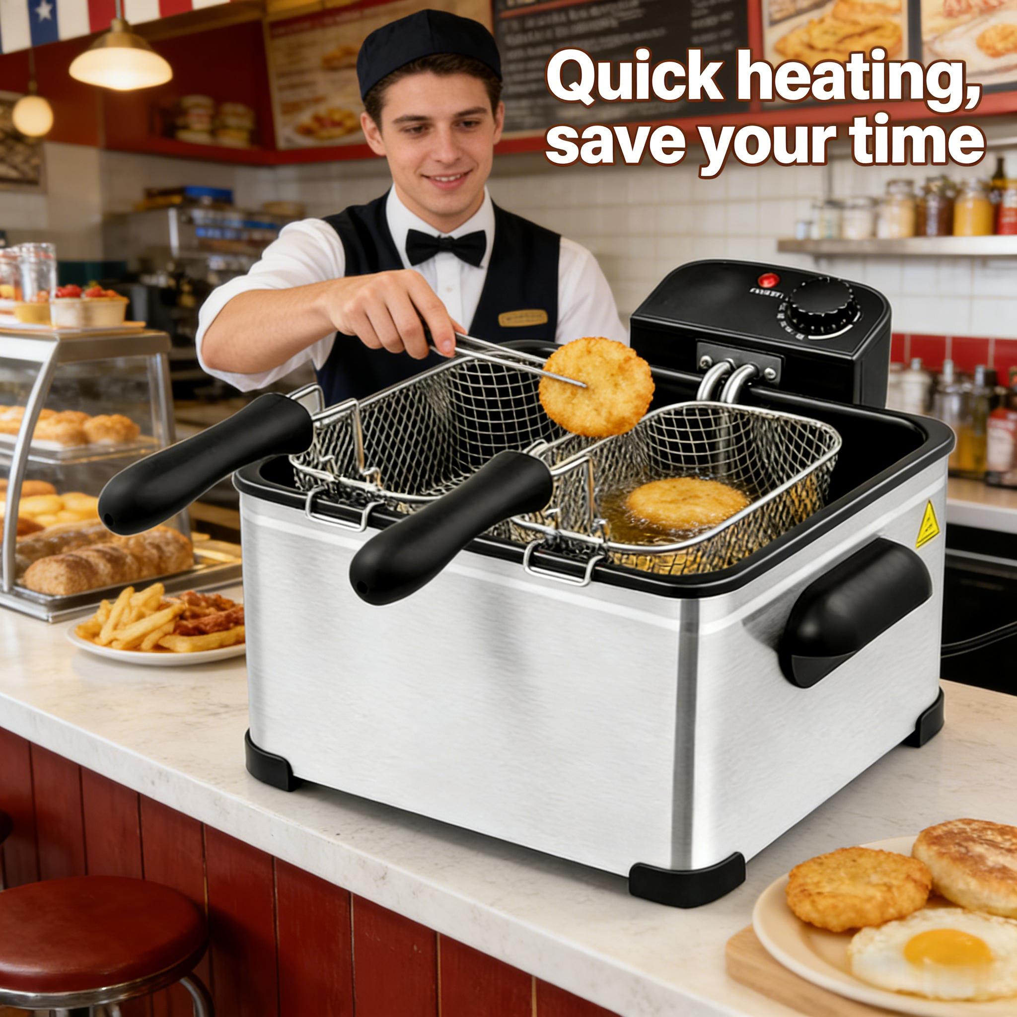 5L stainless steel, 1400 watt electric fryer, 1 large basket and 2 small baskets dual-use - classic stainless steel cookware with cold touch function, American standard three plug