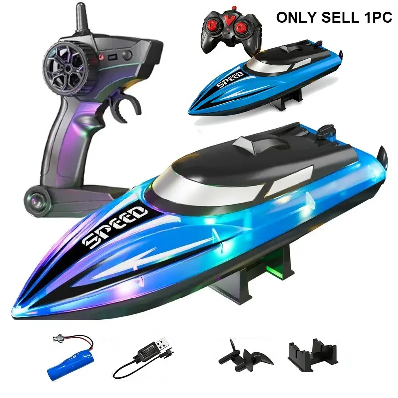 Remote Control Boat for Kids, Rc Speed Boat, with LED Lights for Pools Lakes River, 2.4Ghz Control, Waterproof, Rechargeable Water Toys