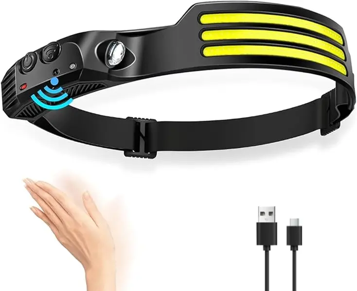 XTAUTO COB+XPE LED Headlamp - High-Lumen USB Rechargeable Motion Sensor Lights, 230° Wide Beam, Waterproof, 5 Modes, Ultra-Lightweight, Hands-Free Adjustable Cordless Lamp, 1200mAh, Outdoor Ready for Camping, Mountaineering, 230° Beam