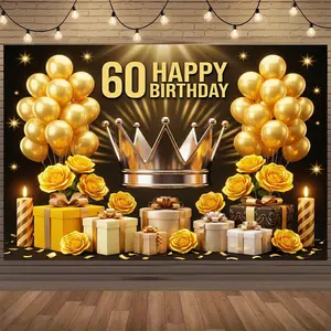 Luxurious 2D Flags Backdrop for a 60Th Birthday Celebration, Featuring Elegant Golden Decorations, Perfect for a Grand Event