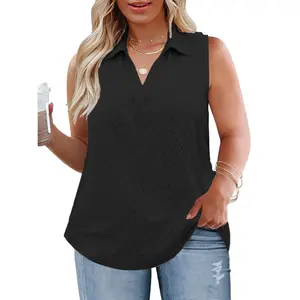 ROSRISS [1X-5X] Womens Plus Size Tank Tops Summer Sleeveless Casual july Shirts Lapel V Neck Tunics Eyelet Tees RPS2097