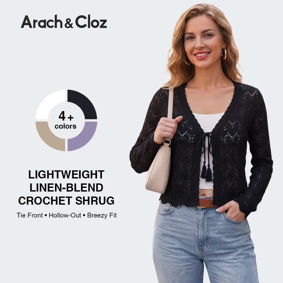 Arach&Cloz Women's Linen Tie Front Crochet Spring Shrug Beach Vacation Cropped Cardigan