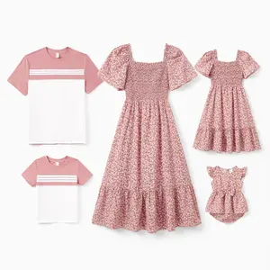 PatPat Family Matching Pink Floral Cotton T-shirt & Flora Print Smocking Puff Sleeve Dress Set for Summer Casual Wear
