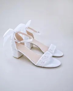 Crochet Lace Block Heel Wedding Sandals with Satin Back Bow - Bridesmaid Shoes, Bridesmaids Shoes, Women Sandals, Bridal Shoes