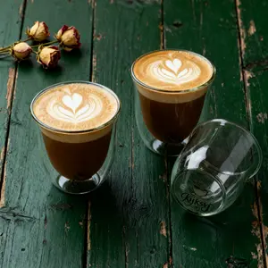 Iced Coffee Glasses (Set of 4)8.45oz – Perfect for Iced Coffee, Lattes, Cold Brew & Matcha – For Hot or Iced Drinks – Double-Walled Borosilicate Glass – Handmade, Lightweight & Durable soda home office drinkware cup wall insulated water tiktokshopspringgl