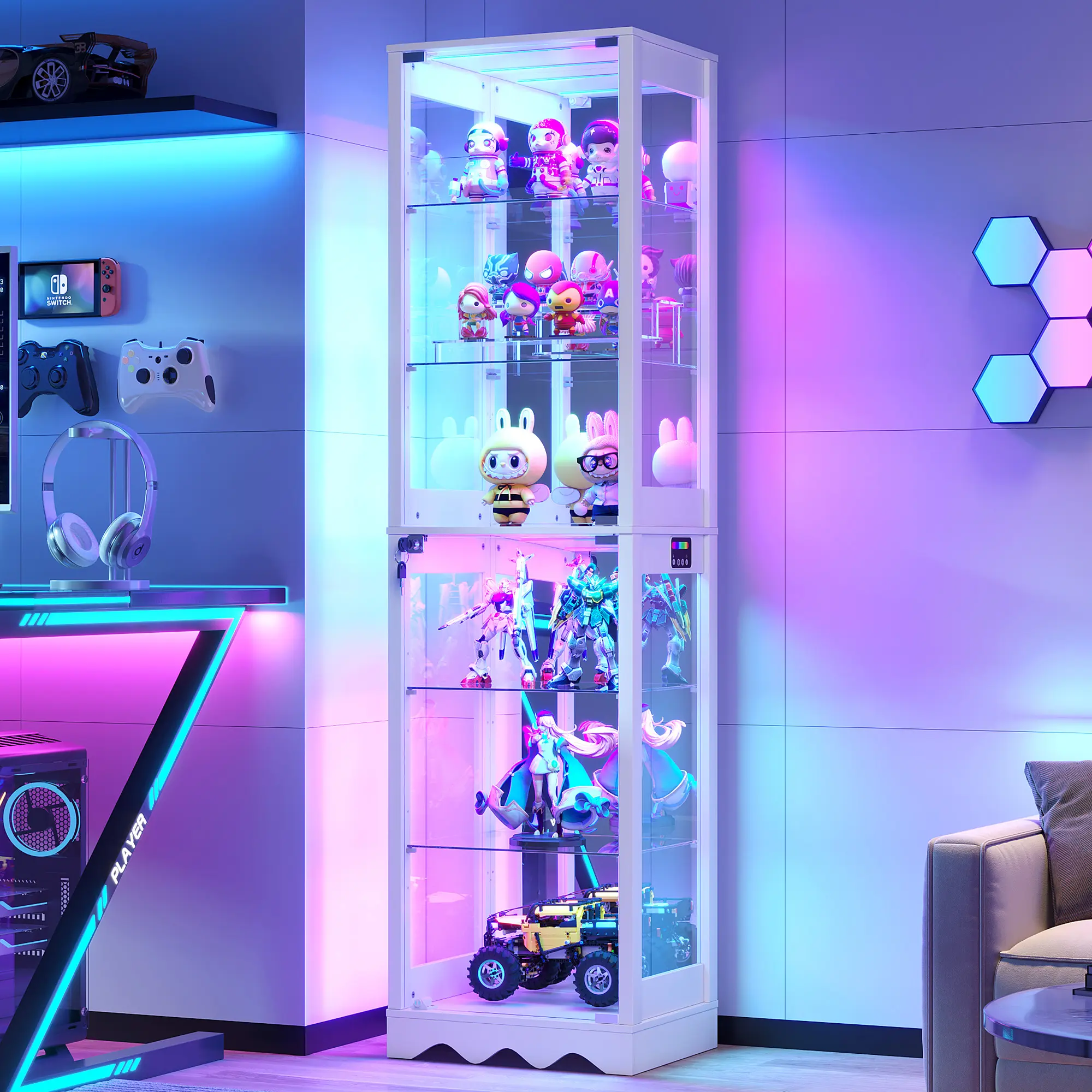Dystler Sturdy Wood Lockable Tempered Glass Display Cabinet - 6-Tier Curio Cabinet with RGB Lights, Adjustable Shelves, Magnetic Closure for Collectibles, Model Storage