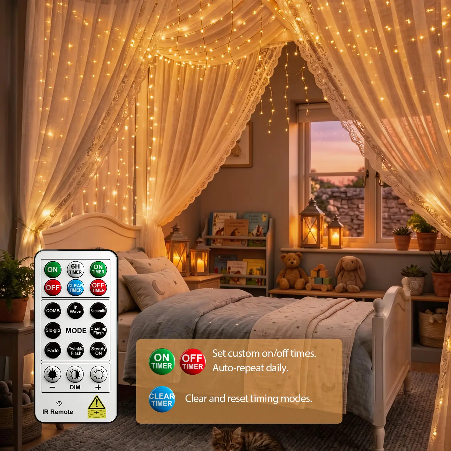 LED Curtain Decorative Lights - 300 LEDs, USB Powered, Remote Control, 8 Modes, Timer, Dimmable Warm White for Aesthetic Room Decor, Whimsical Room Decor, Wedding