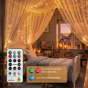 LED Curtain Lights 300 LEDs, USB Powered Fairy String Lights with Remote, 8 Modes, Timer, Dimmable, Warm White for Bedroom, Window, Wedding, Party Decor
