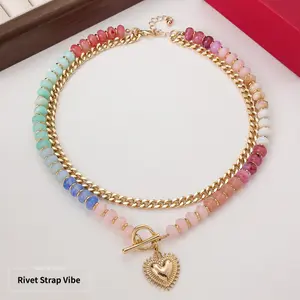 Dopamine-colored beaded necklace in ethnic style, featuring a stackable heart-shaped pendant, stylish appearance, multifunctional jewelry