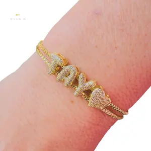 Mini Custom Bubble Letter Name Bracelet  / Micro Pavé Zircon Bubble Letter Adjustable Box Chain Bracelet / Mini Bubble Letter Slide Name Bracelet