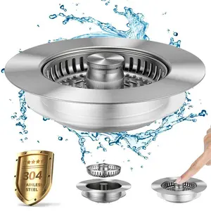All Metal Stainless Steel 3-in-1 Kitchen Sink Drain Strainer and Stopper Combo, Upgraded Sink Stopper, Anti-Clog Stainless Steel Basket Strainer with Handle, Suitable for US Standard 3-1/2 Inch Drains
