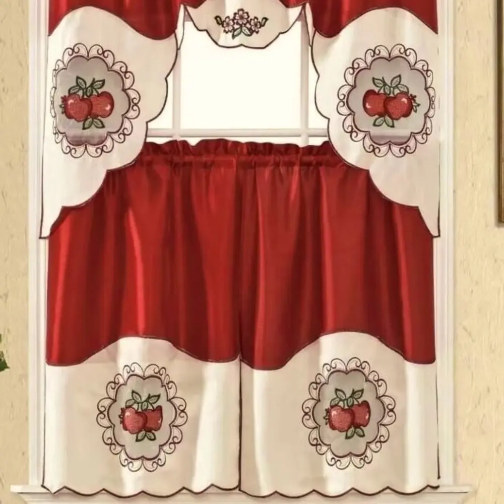 3PC Big Apple Embroidery Kitchen Curtain Set