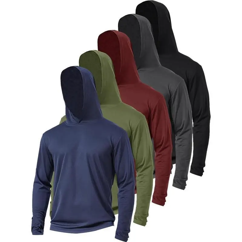 (New)5 pieces of men's sun protection hoodies, long sleeved shirts, quick drying lightweight sweatshirts, summer pullovers, sweatshirts, sportswear, sportswear sets