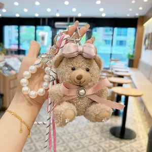 Creative New Bow Plush Bear Keychain Beaded Cartoon Bag Decoration Fashion Car Key Chain Ring Gift Hanging Ornament