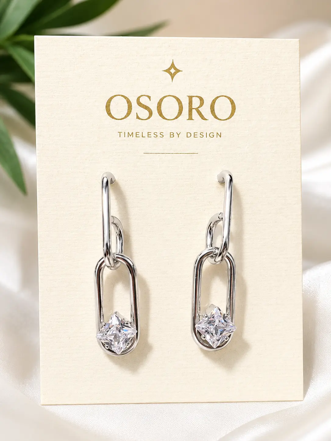 Silver Link Drop Earrings with Princess Cut Cubic Zirconia