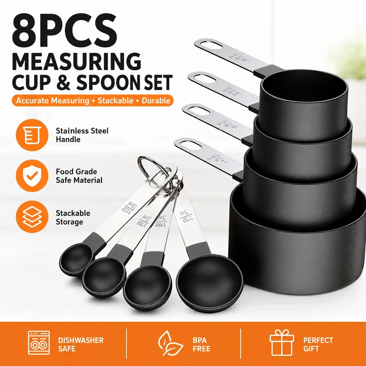 8-Piece Stainless Steel Measuring Cups and Spoons Set, Precise Scoops for Dry and Liquid Ingredients, Kitchen Accessories