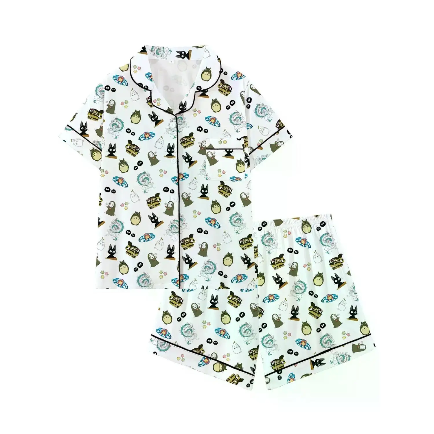 Charming Spirited Away Anime Collared Short Sleeve Pajama Set - Cozy Sleepwear for Vacation, Parties, and Outdoor Wear - Ideal Gift