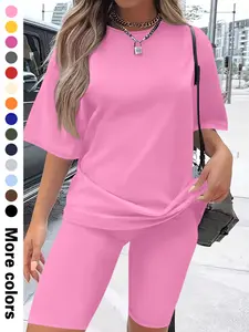 Women's Casual Outdoor Home Sport Solid Color Short Sleeve Top + Shorts 2 Pieces Women Tracksuit Sweatsuit Set, Fashion Simple Style, Basic Wear for Daily Use, Plain Tracksuit Set, Sporty Shorts Set