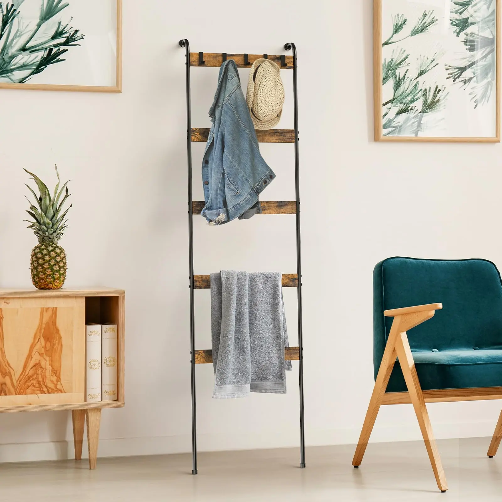 Blanket Ladder 5 Tier Towel Rack with 10 Removable Hooks Wall-Leaning Scarf Storage Ladder for Living Room Bedroom Bathroom Rustic Brown Multi-Purpose Organizer Space-Saving Design