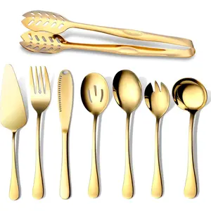 8-Piece Gold Serving Utensils, Polished Stainless Steel Flatware Silverware Set Include Serving Spoon, Slotted Spoon, Cake Server, Soup Ladle, Fork, Salad Fork, Butter Knife, Serving Tong Cutlery Tableware