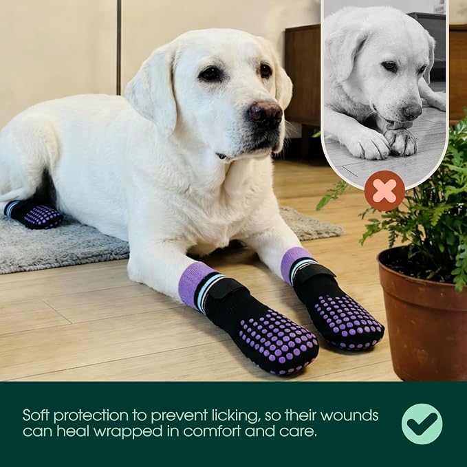 Kuoser Non Slip Dog Socks with Adjustable Strap for Small Medium Large Dogs | Double-sided silicone grips provide strong traction and prevent slipping on slick hardwood floors.