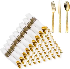 WELLIFE 100 Pack Gold Plastic Cutlery,Pre Rolled Silverware Set Disposable,Gold Disposable Utensils,Includes: 100 Forks, 100 Knives, 100 Spoons, 100 Napkins, Plastic Silverware