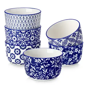 vancasso Selene 4/6/8 oz Ceramic Ramekins Set of 6, Microwave & Dishwasher Safe Souffle Cups for Baking, Dip & Sauce, Desserts, Handcrafted Blue Floral Bowls