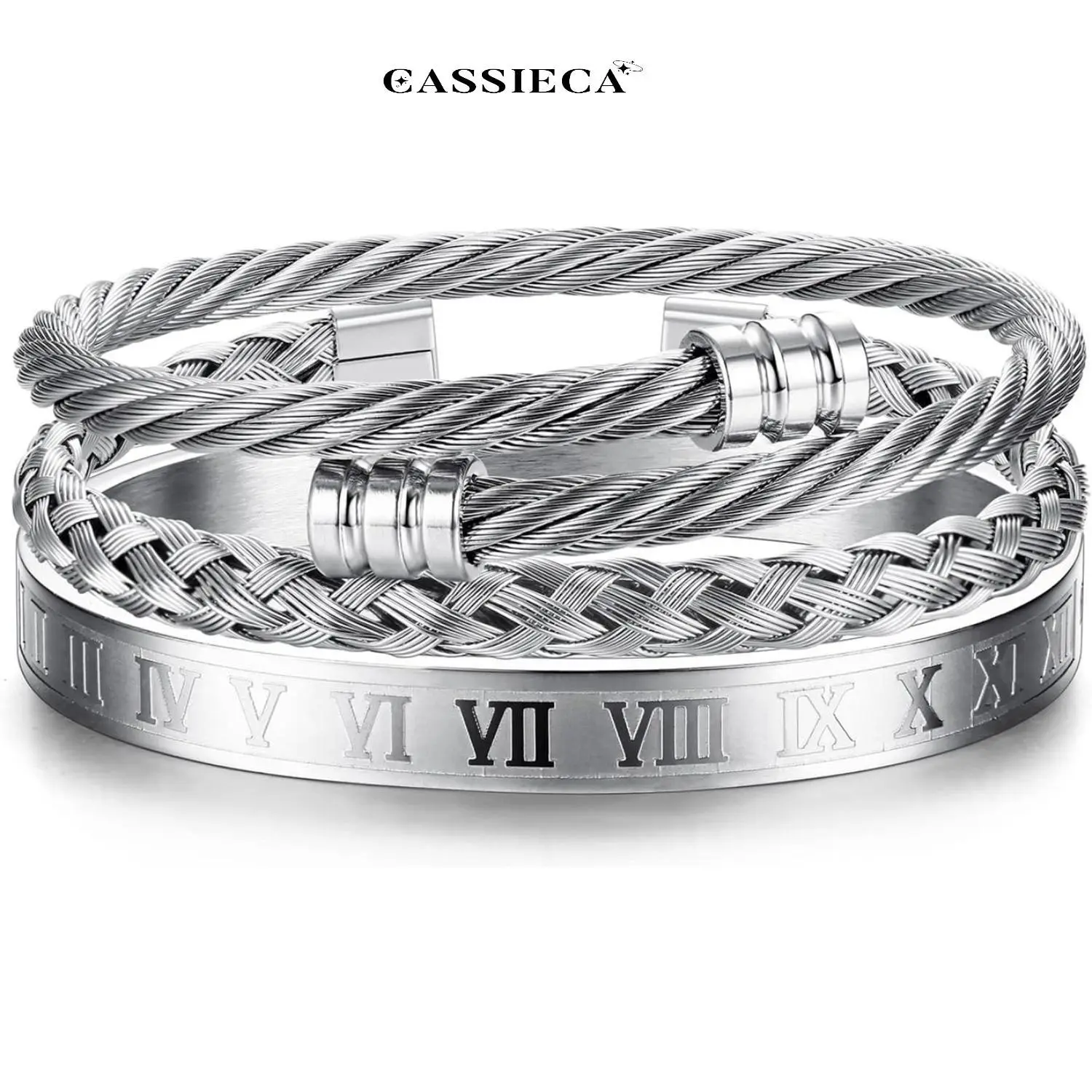 Men's Cassieca 3-Piece Adjustable Bracelet Set - Stainless Steel Cuff, Roman Numeral Bangle, Twisted Cable Design, Elegant Minimalist Bangle, Mens Jewelry for Daily Fashion Accessories, Summervibes