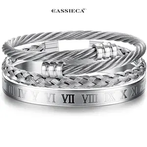 Cassieca 3-Piece Male Adjustable Bracelet Set, Stainless Steel Cuff, Roman Numeral Bangle, Twisted Cable Design, Elegant Minimalist Bangle, Exquisite Bracelet for Daily Men's Fashion Accessories Summervibes