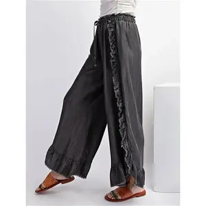 Women’s High Rise Ruffle Jeans Vintage Wide Leg Denim Pants Washed Jeans with Frayed Raw Trim Bottom ruffled jeans skirt - ruffled jeans skirt - jumbo ruffled jeans skirt Black Fabric