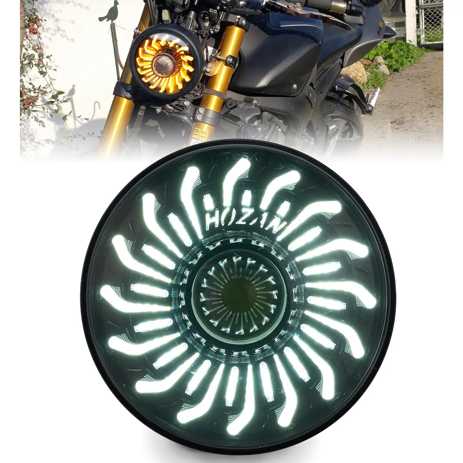 5-3/4" Motorcycle Additional Headlight, White/Amber Chrysanthemum Petal DRL, Compatible with Harley-Davidson Sportster Iron 883