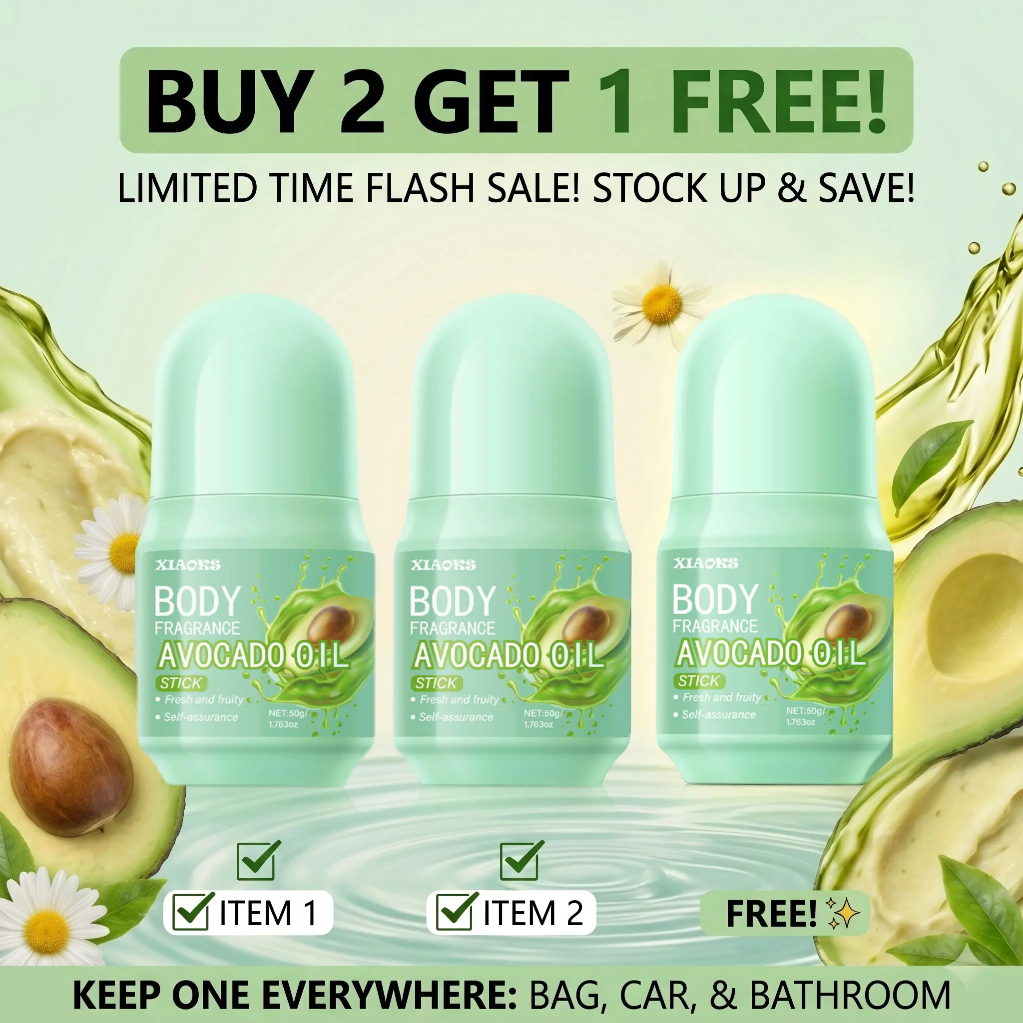 XIAOKS Avocado & Fresh Mint Scented Solid Stick Whole Body Deodorant - 1.76oz, Underarm Antiperspirant, Aloe-Infused, Moisturize Nourish, Fast-Acting, Spring Glow Up Collection, Boost Confidence for Office & Date Night, Underarm Antiperspirant Deodorant,,