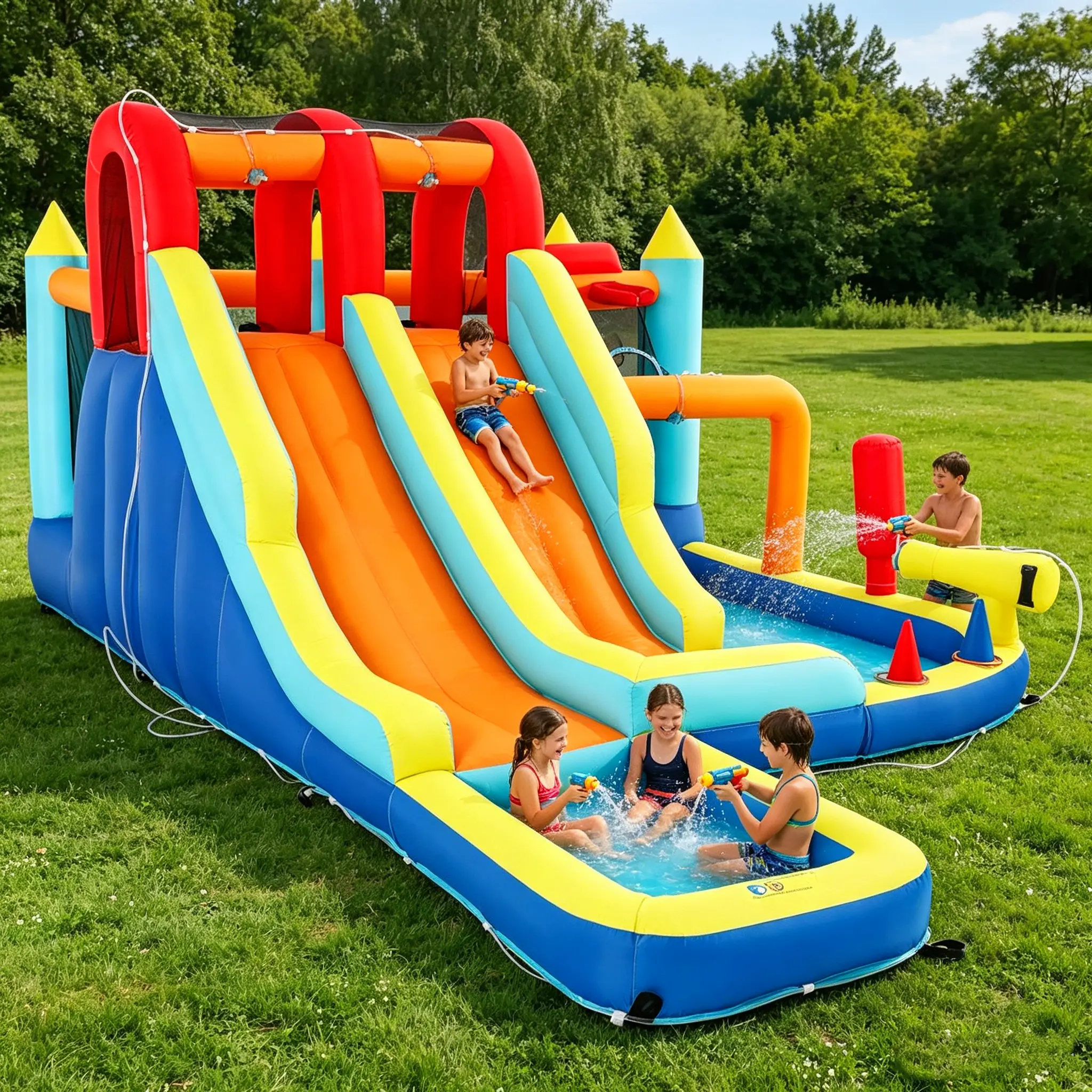 Inflatable Water Slide Park Giant Bounce House with 450W Blower Climbing Wall Dual Basketball Hoops Ring Toss Games Outdoor Backyard Jumper for Kids Ages 3+