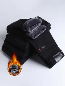 Men's Thick Winter Denim Jeans, High Waist Loose Straight Leg Pants, Fitted Street Style Warm Elastic Casual Trousers