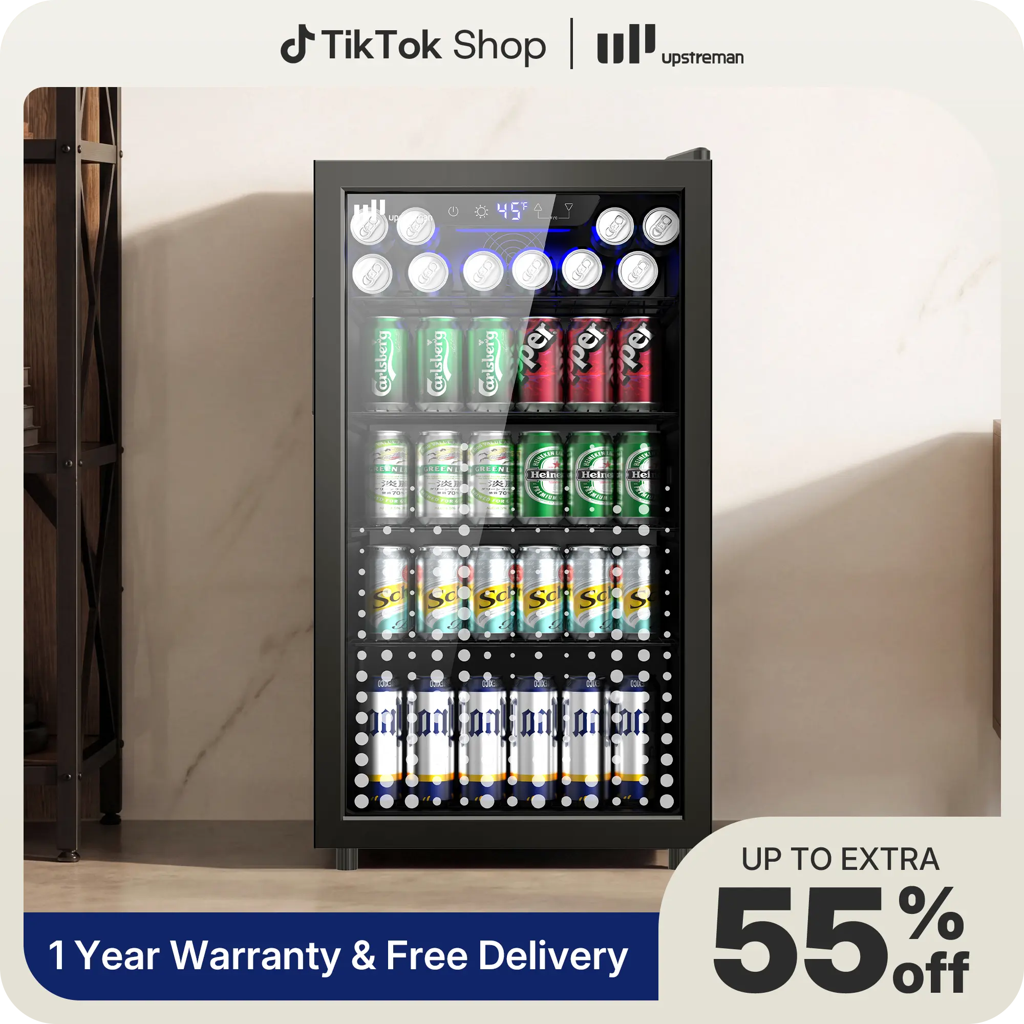 Upstreman 3.2 Cu.Ft Portable Mini Refrigerator - 126-Can Tempered Glass Door Beverage Cooler with Adjustable Temperature Control, for Home Bar, Living Room, Office, Black-B126, Portable Fridge, Mini Fridge