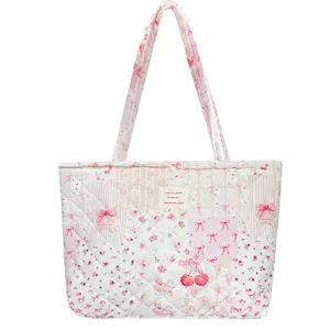 Cute Floral Small Quilted Tote Bags Zipper Shoulder Bag for Women