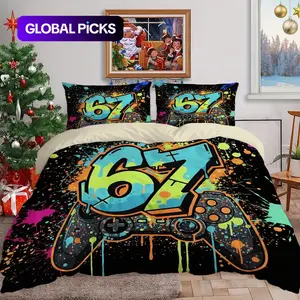 3pcs/set Colored graffiti-style handle with numbers 67 patterned Decorative duvet cover set, Bedroom bedding set - includes 1 duvet cover & 2 pillowcases (filling not included), breathable and soft, machine washable, suitable for all seasons