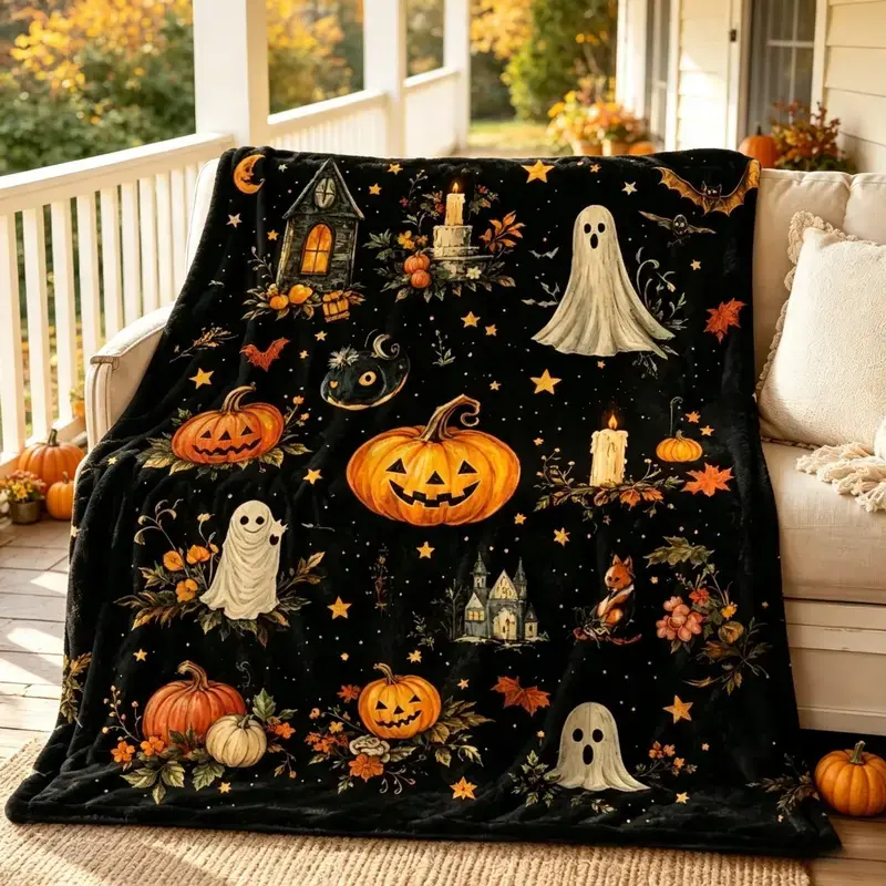 Soft Funny Throw Blanket Halloween Pumpkin Ghost Flannel Blanket, Autumn Plaid Fleece Throw Blanket with Spooky Cute Print, Soft Cozy Warm Blanket for Kids Adults, AC Blanket for Sofa Bed Bedroom Living Room Fall Home Decor Holiday Gift