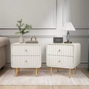 Modern Nightstand Set Of 2 With 2 Drawers & Gold Metal Handle, Fluted Bed Side Table, White Wood End Table With Storage For Bedroom, Living Room