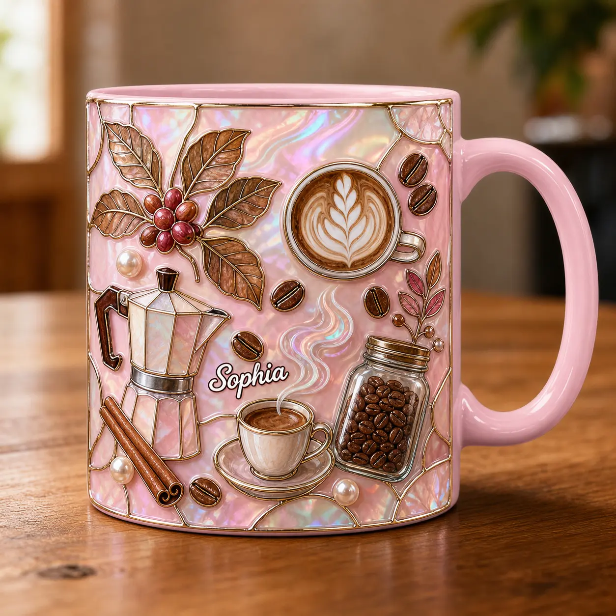 Personalized Coffee Lover Mug 2D Printed 3D Effect, Custom Name Pink Ceramic Coffee Cup with Coffee Beans, Latte Art and Moka Pot Design, Gift for Women