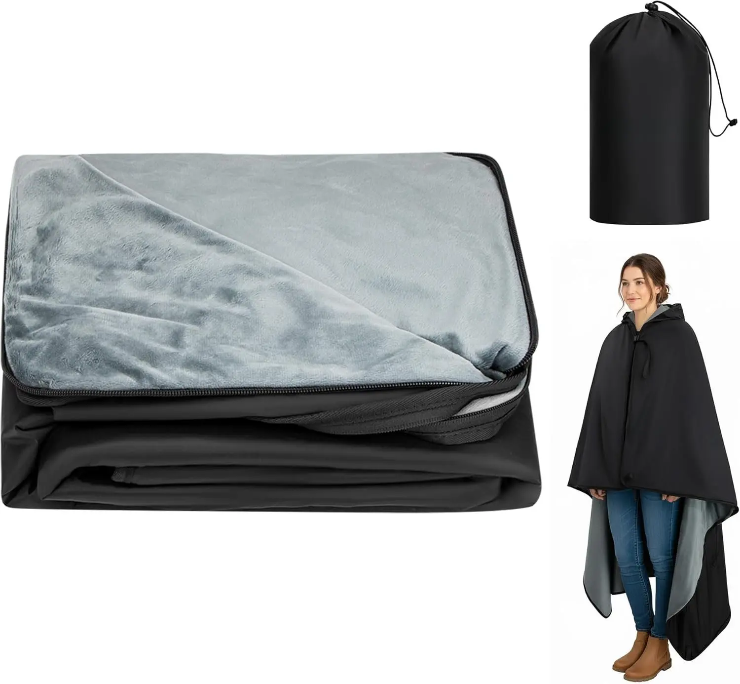 Large Camping Blanket, Hooded Stadium Blanket with   Lining,  Windproof Warm Outdoor Blankets for Camping, Picnic, Stadium, , Beach, Concerts (59"x 79")