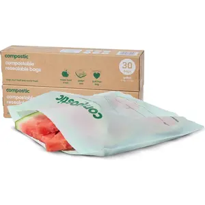 Compostable Gallon Bags (60 Count) Starter Pack - Resealable Zip-Seal, Plant-Based, Home Compostable, Freezer Safe, BPA-Free, Non-Toxic, GMO-Free Food Storage Bags