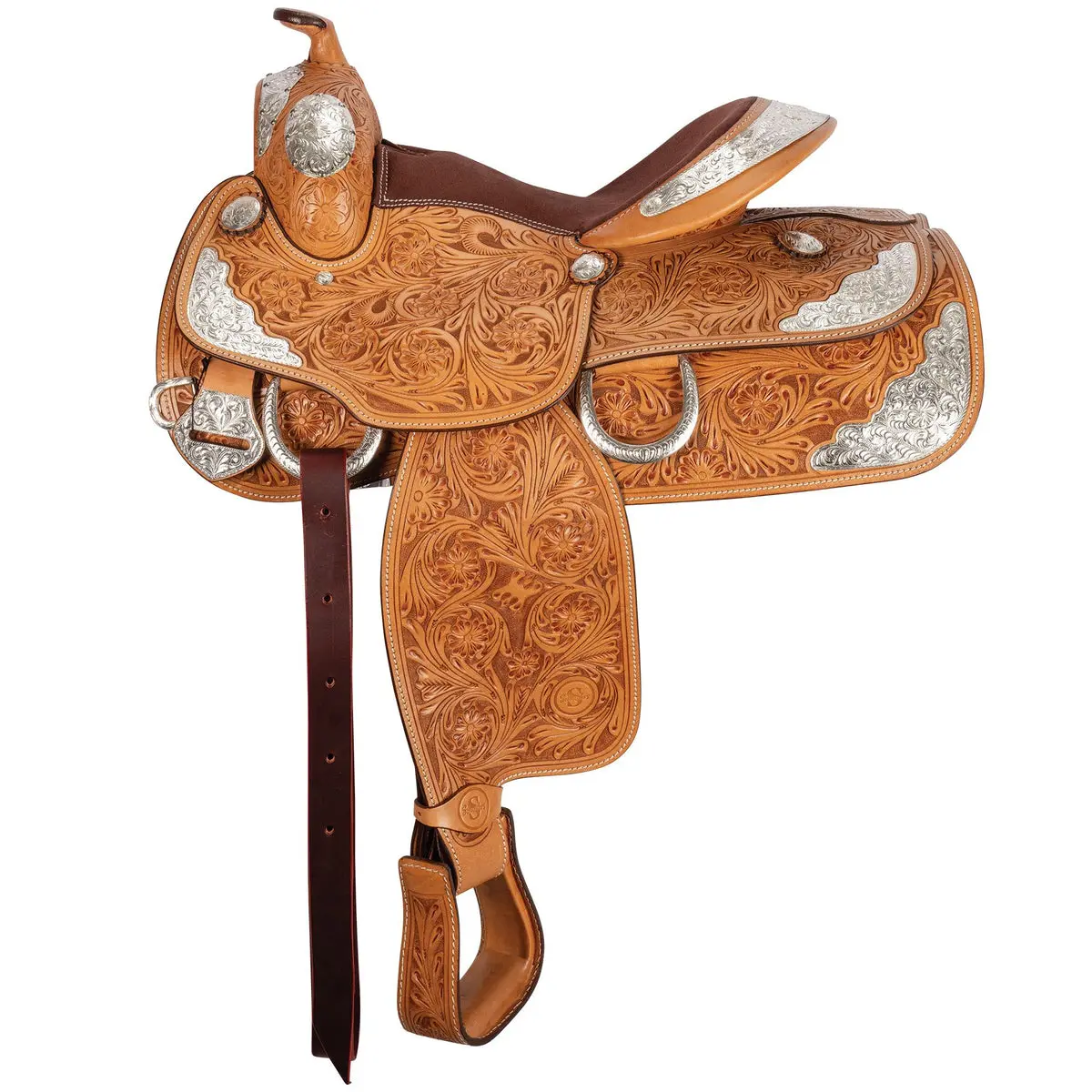 Denver II Western Show Saddle with Rosette Tooling, Close Contact Suede Seat, Cutaway Fenders, Engraved Silver Trim, and Semi-Quarter Horse Bars, Blevins Buckles, Cutaway Under Fenders, Latigo Leather Tie Strap, Stainless Steel Hardware